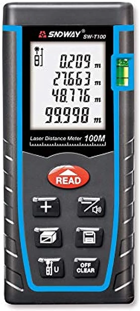 فاصله یاب لیزری دیجیتال Sndway SW-T100 با برد 100 متر، متر نواری و صفحه نمایش LCD چهار خطی