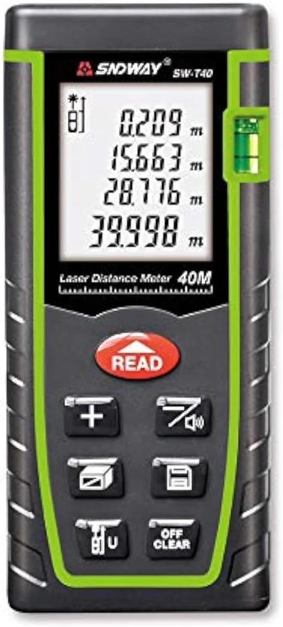 متر لیزری SNDWAY مدل SW-T40، فاصله یاب لیزری دیجیتال 40 متری، متر نواری، محاسبه مساحت و حجم با تراز حبابی و صفحه نمایش LCD 4 خطی