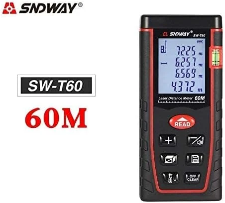 متر لیزری دیجیتال 60 متری Sndway مدل SW-T60 با تراز حبابی و صفحه نمایش LCD چهار خطی متر لیزری دیجیتال 60 متری Sndway مدل SW-T60 با تراز حبابی و صفحه نمایش LCD چهار خطی