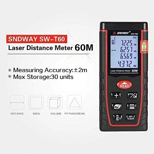 متر لیزری دیجیتال 60 متری Sndway مدل SW-T60 با تراز حبابی و صفحه نمایش LCD چهار خطی متر لیزری دیجیتال 60 متری Sndway مدل SW-T60 با تراز حبابی و صفحه نمایش LCD چهار خطی