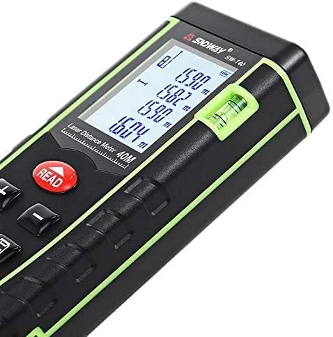 متر لیزری SNDWAY مدل SW-T40، فاصله یاب لیزری دیجیتال 40 متری، متر نواری، محاسبه مساحت و حجم با تراز حبابی و صفحه نمایش LCD 4 خطی
