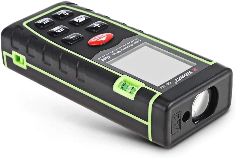 متر لیزری SNDWAY مدل SW-T40، فاصله یاب لیزری دیجیتال 40 متری، متر نواری، محاسبه مساحت و حجم با تراز حبابی و صفحه نمایش LCD 4 خطی