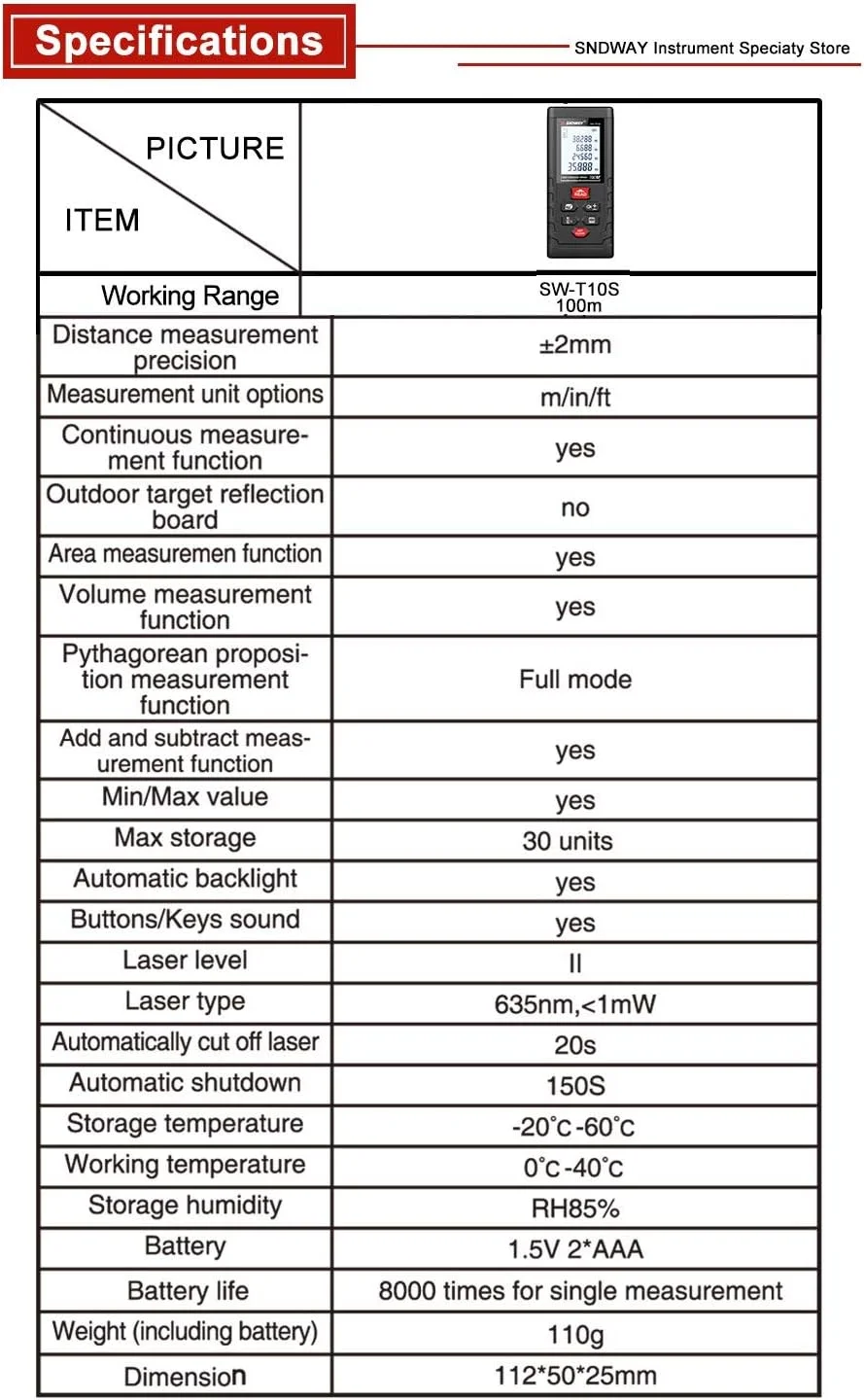 فاصله یاب لیزری دیجیتال 120 متری SNDWAY SW-TG120، متر نواری، محاسبه مساحت و حجم