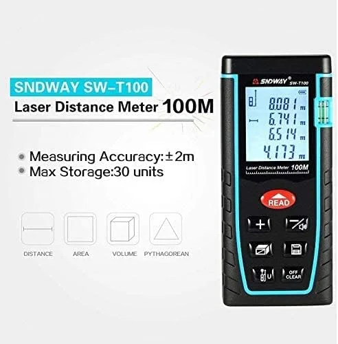 فاصله یاب لیزری دیجیتال Sndway SW-T100 با برد 100 متر، متر نواری و صفحه نمایش LCD چهار خطی فاصله یاب لیزری دیجیتال Sndway SW-T100 با برد 100 متر، متر نواری و صفحه نمایش LCD چهار خطی
