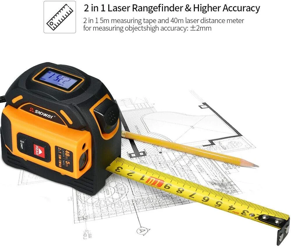 متر لیزری SNDWAY، فاصله یاب 40 متری، متر نواری لیزری دیجیتال (40 متر)