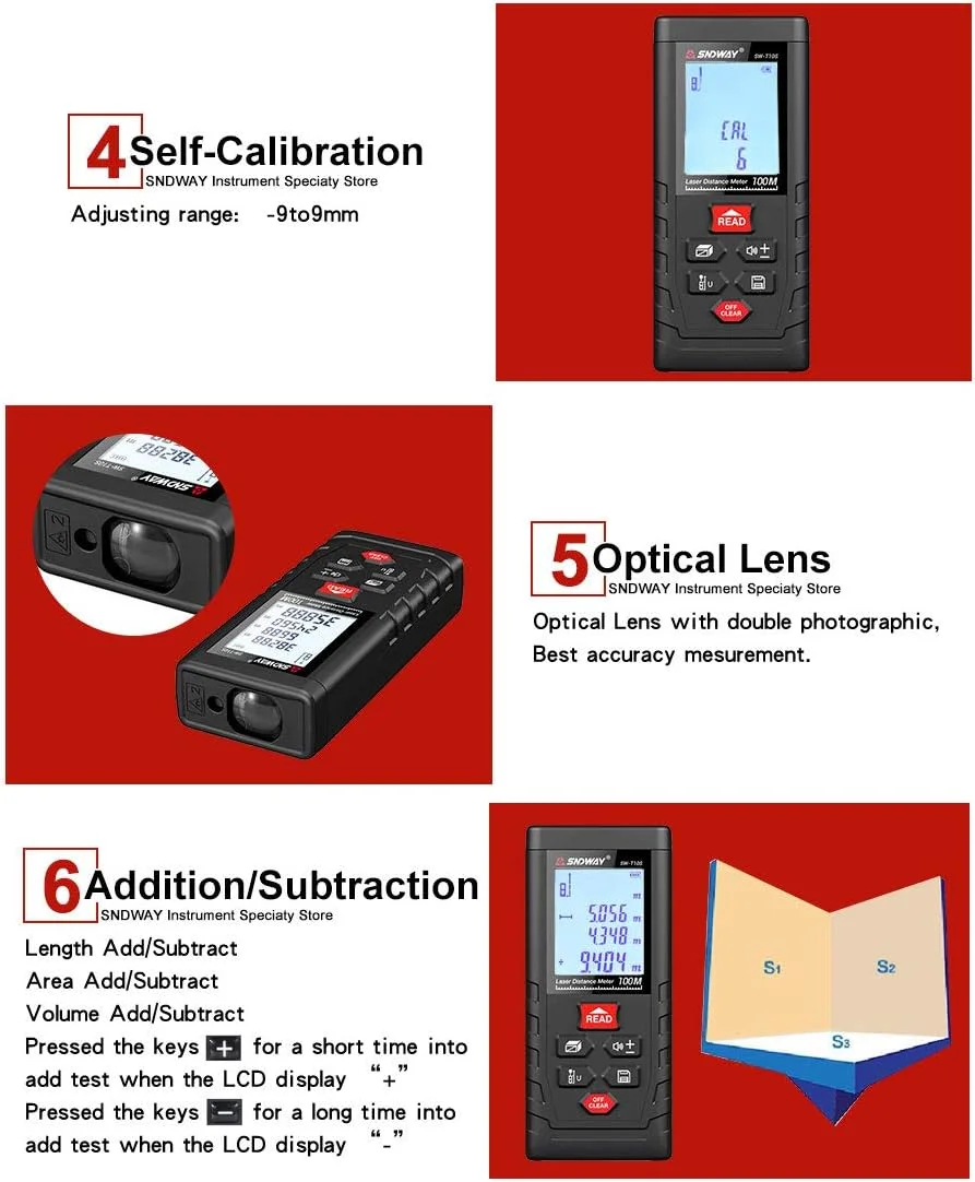 فاصله یاب لیزری دیجیتال 120 متری SNDWAY SW-TG120، متر نواری، محاسبه مساحت و حجم