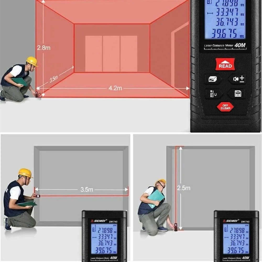 متر لیزری دیجیتال 40 متری SNDWAY SW-T4S با قابلیت اندازه گیری مساحت/حجم