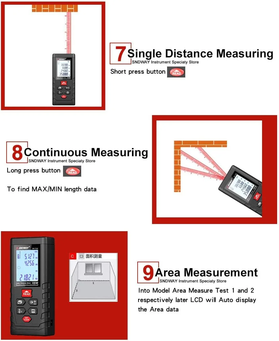 فاصله یاب لیزری دیجیتال 120 متری SNDWAY SW-TG120، متر نواری، محاسبه مساحت و حجم
