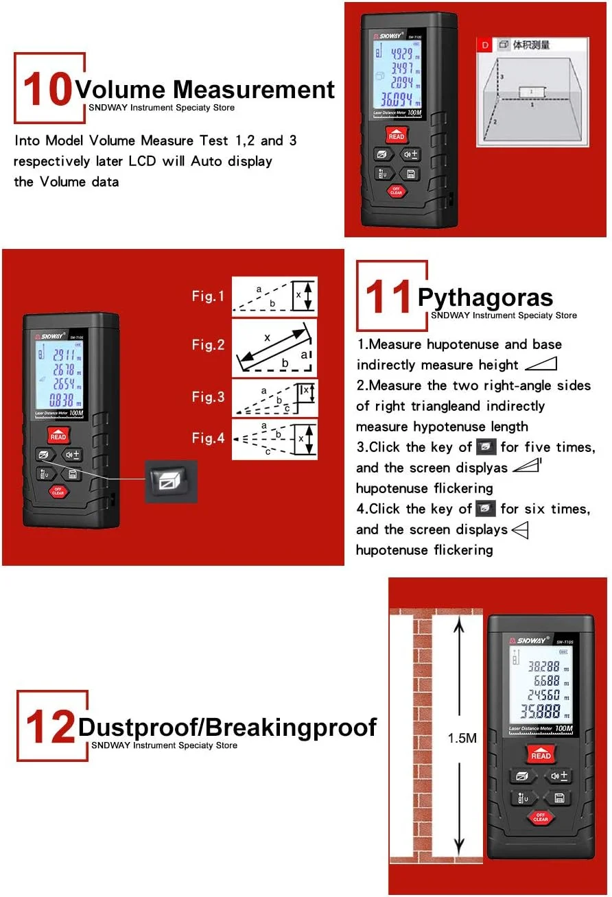 فاصله یاب لیزری دیجیتال 120 متری SNDWAY SW-TG120، متر نواری، محاسبه مساحت و حجم