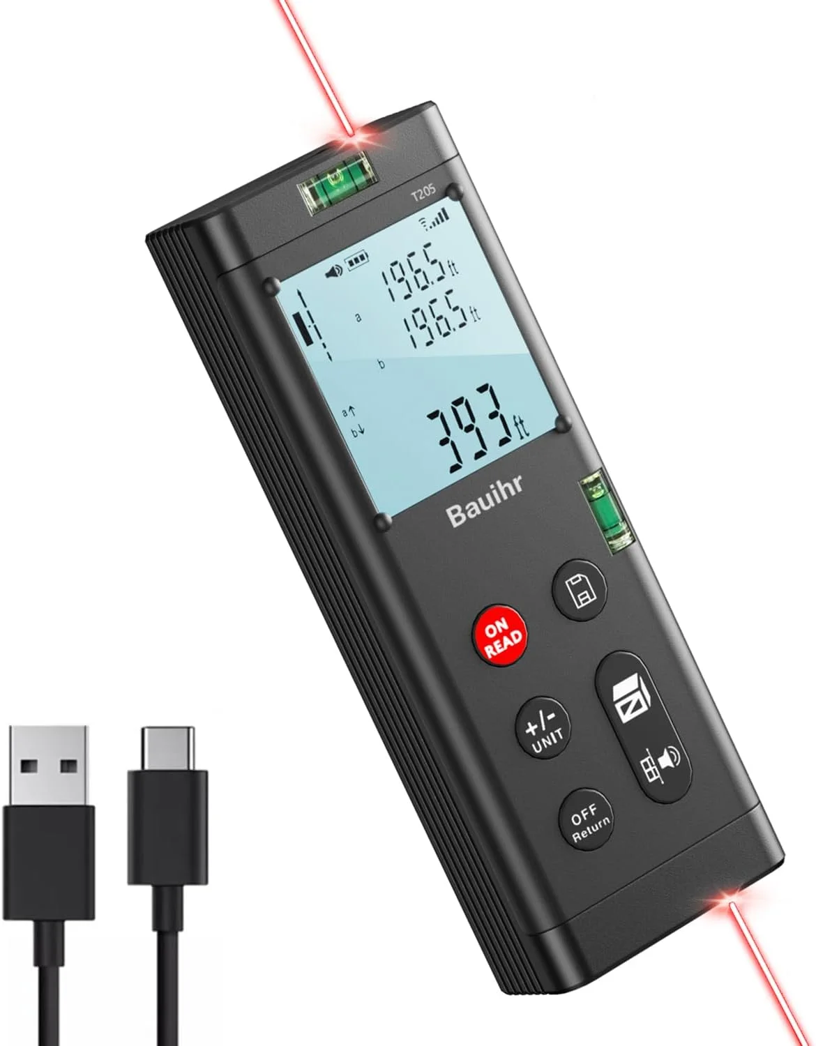 ابزار اندازه گیری لیزری دو طرفه Bauihr با برد 120 متر، متر لیزری دوگانه آلومینیومی قابل شارژ، ابزار اندازه گیری لیزری دوگانه با صفحه نمایش LCD رنگی با نور پس زمینه، زاویه دیجیتال، تغییر واحد M/in/Ft