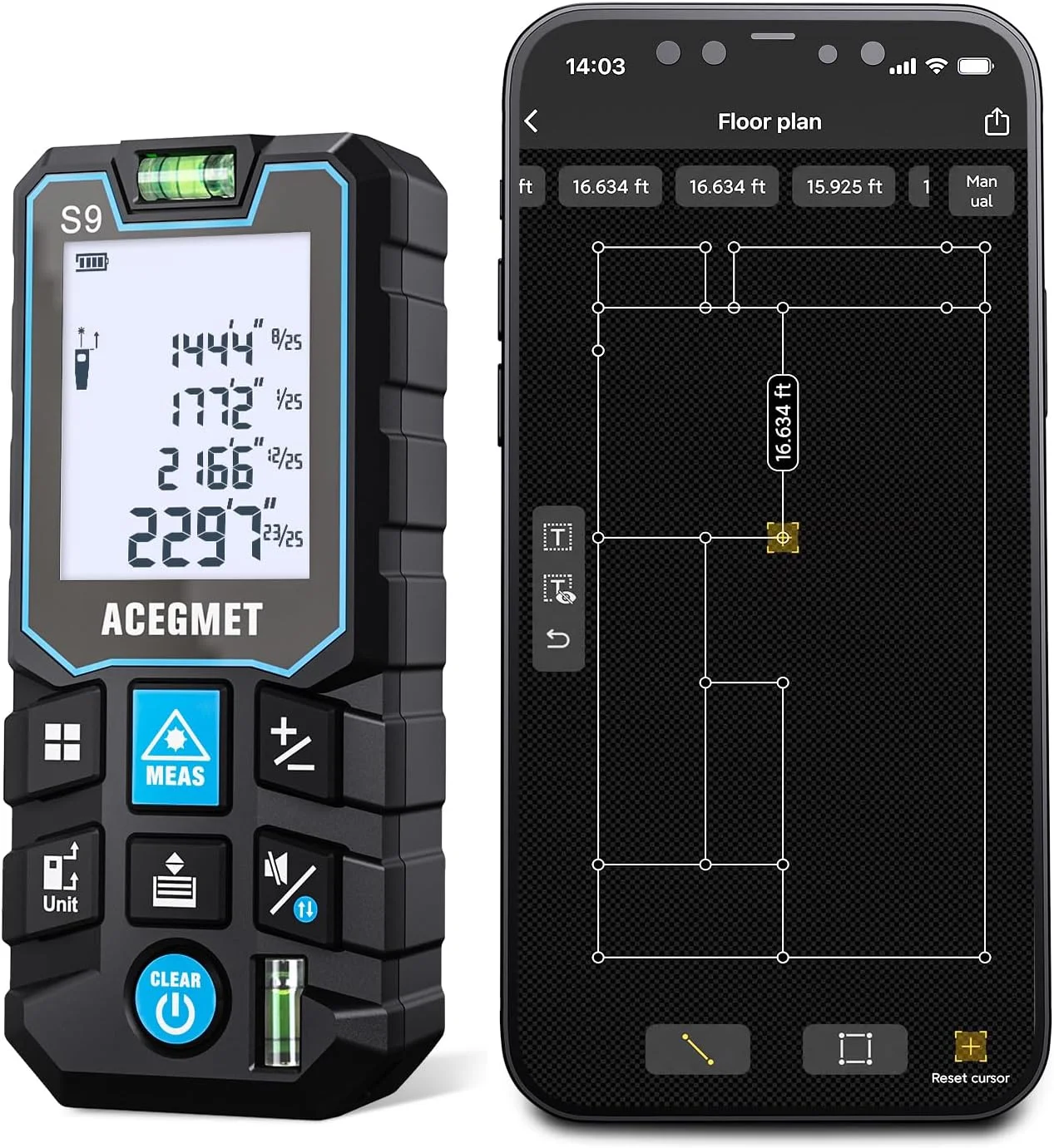 متر لیزری ACEGMET با اپلیکیشن موبایل، ابزار اندازه گیری لیزری 70 متری با 2 تراز حبابی، بلوتوث، صفحه نمایش LCD با نور پس زمینه، ضد آب IP54، حالت فیثاغورث برای فاصله، مساحت، حجم