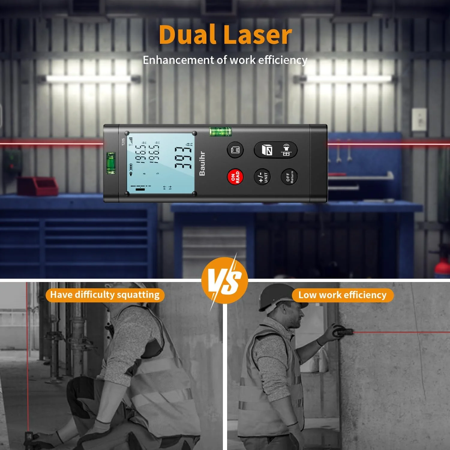 ابزار اندازه گیری لیزری دو طرفه Bauihr با برد 120 متر، متر لیزری دوگانه آلومینیومی قابل شارژ، ابزار اندازه گیری لیزری دوگانه با صفحه نمایش LCD رنگی با نور پس زمینه، زاویه دیجیتال، تغییر واحد M/in/Ft