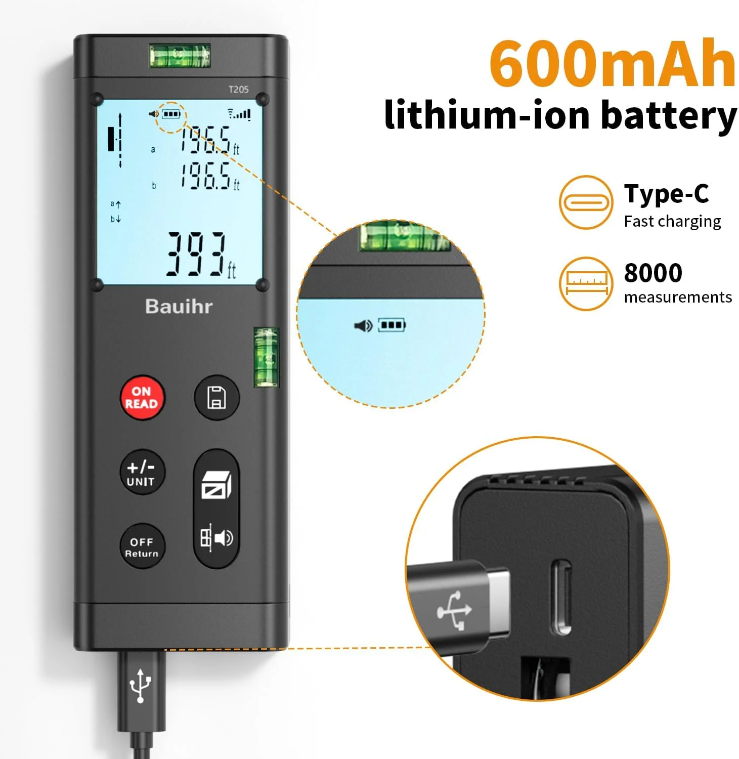 ابزار اندازه گیری لیزری دو طرفه Bauihr با برد 120 متر، متر لیزری دوگانه آلومینیومی قابل شارژ، ابزار اندازه گیری لیزری دوگانه با صفحه نمایش LCD رنگی با نور پس زمینه، زاویه دیجیتال، تغییر واحد M/in/Ft