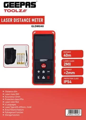 متر لیزری جیپاس، ابزار اندازه گیری لیزری 40 متری، GLDM040 | مترهای فاصله یاب لیزری LCD با حالت فیثاغورث، اندازه گیری فاصله، مساحت و حجم | محافظت IP54 | 6 زبان