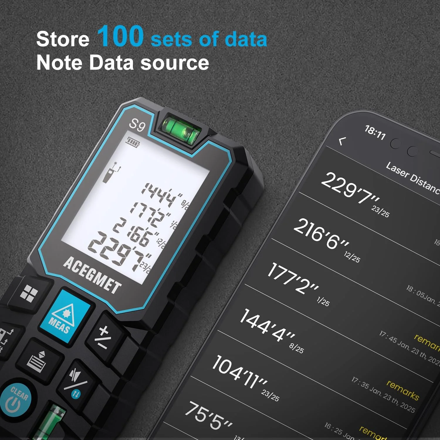 متر لیزری ACEGMET با اپلیکیشن موبایل، ابزار اندازه گیری لیزری 70 متری با 2 تراز حبابی، بلوتوث، صفحه نمایش LCD با نور پس زمینه، ضد آب IP54، حالت فیثاغورث برای فاصله، مساحت، حجم