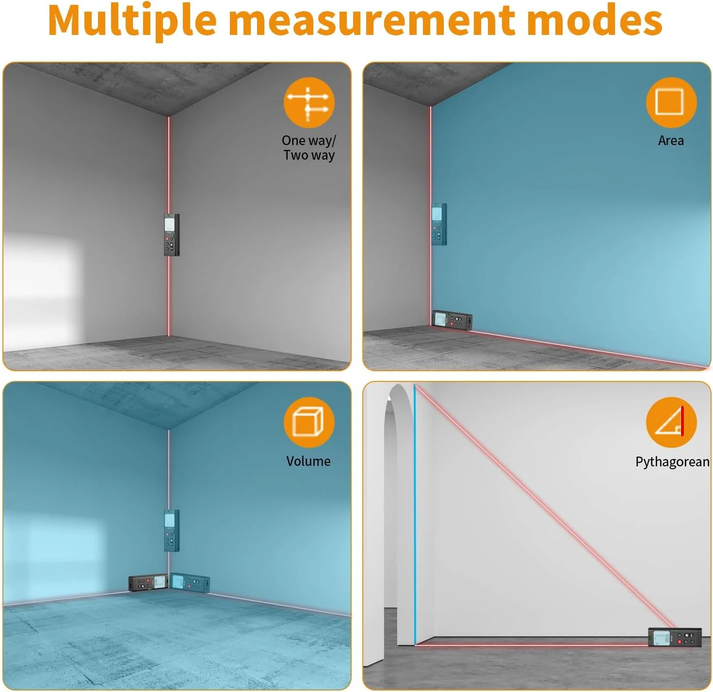 ابزار اندازه گیری لیزری دو طرفه Bauihr با برد 120 متر، متر لیزری دوگانه آلومینیومی قابل شارژ، ابزار اندازه گیری لیزری دوگانه با صفحه نمایش LCD رنگی با نور پس زمینه، زاویه دیجیتال، تغییر واحد M/in/Ft