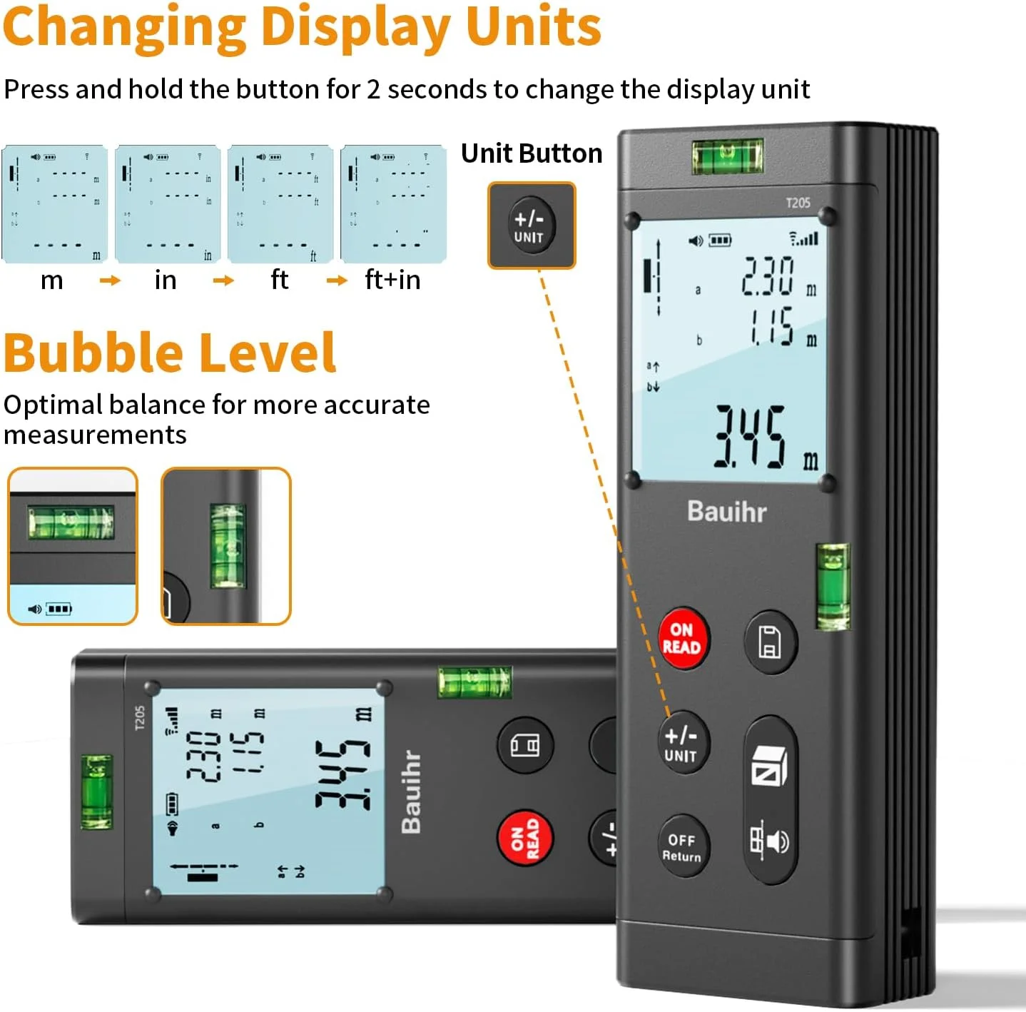 ابزار اندازه گیری لیزری دو طرفه Bauihr با برد 120 متر، متر لیزری دوگانه آلومینیومی قابل شارژ، ابزار اندازه گیری لیزری دوگانه با صفحه نمایش LCD رنگی با نور پس زمینه، زاویه دیجیتال، تغییر واحد M/in/Ft