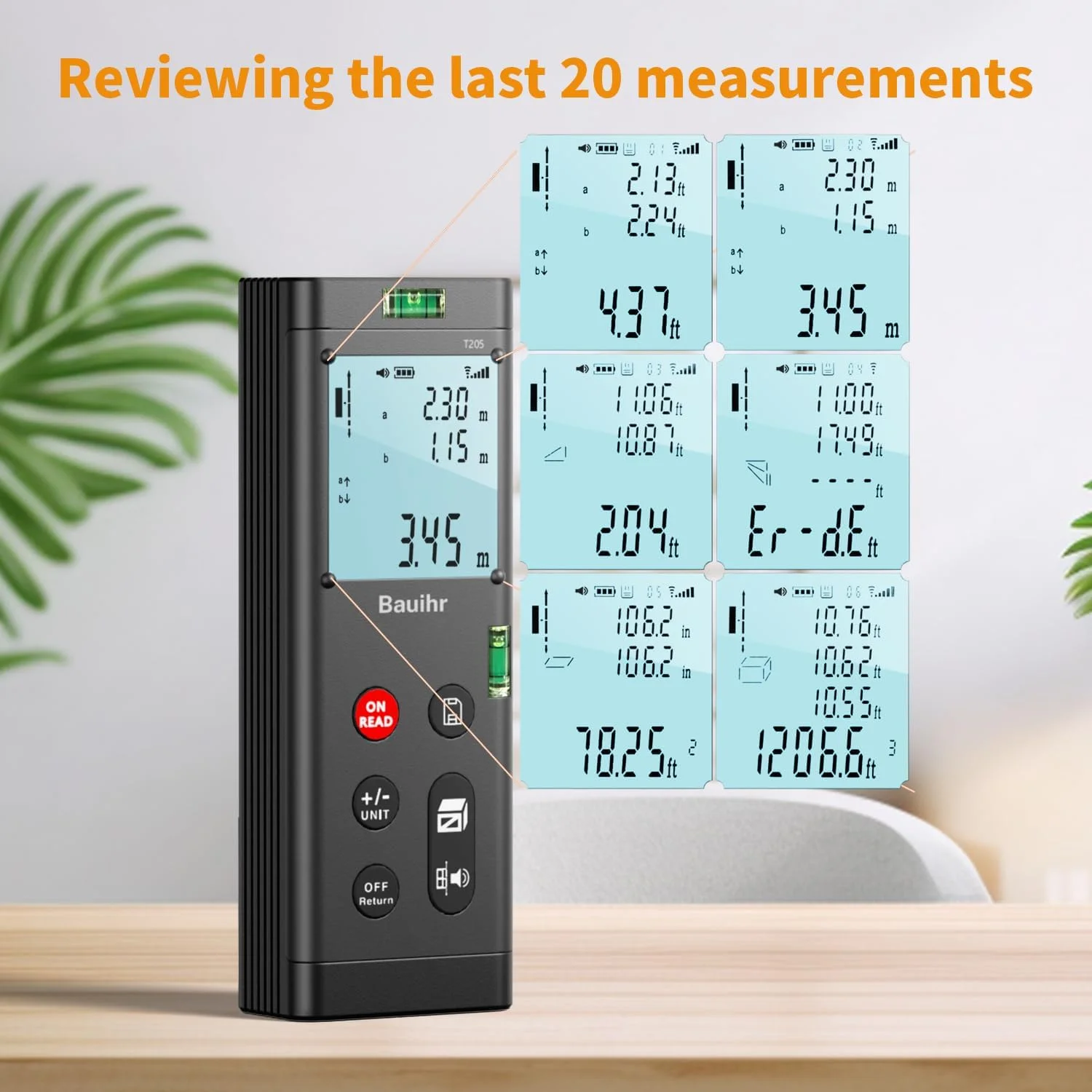 ابزار اندازه گیری لیزری دو طرفه Bauihr با برد 120 متر، متر لیزری دوگانه آلومینیومی قابل شارژ، ابزار اندازه گیری لیزری دوگانه با صفحه نمایش LCD رنگی با نور پس زمینه، زاویه دیجیتال، تغییر واحد M/in/Ft