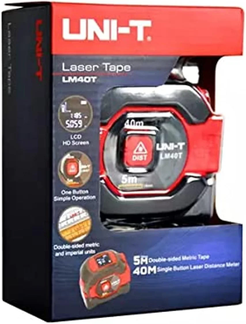 فاصله سنج لیزری تک دکمه ای 40 متری یونی تی مدل LM40T به همراه متر نواری 5 متری 2 در 1، مسافت یاب دیجیتال مادون قرمز با صفحه نمایش LCD فاصله سنج لیزری تک دکمه ای 40 متری یونی تی مدل LM40T به همراه متر نواری 5 متری 2 در 1، مسافت یاب دیجیتال مادون قرمز با صفحه نمایش LCD