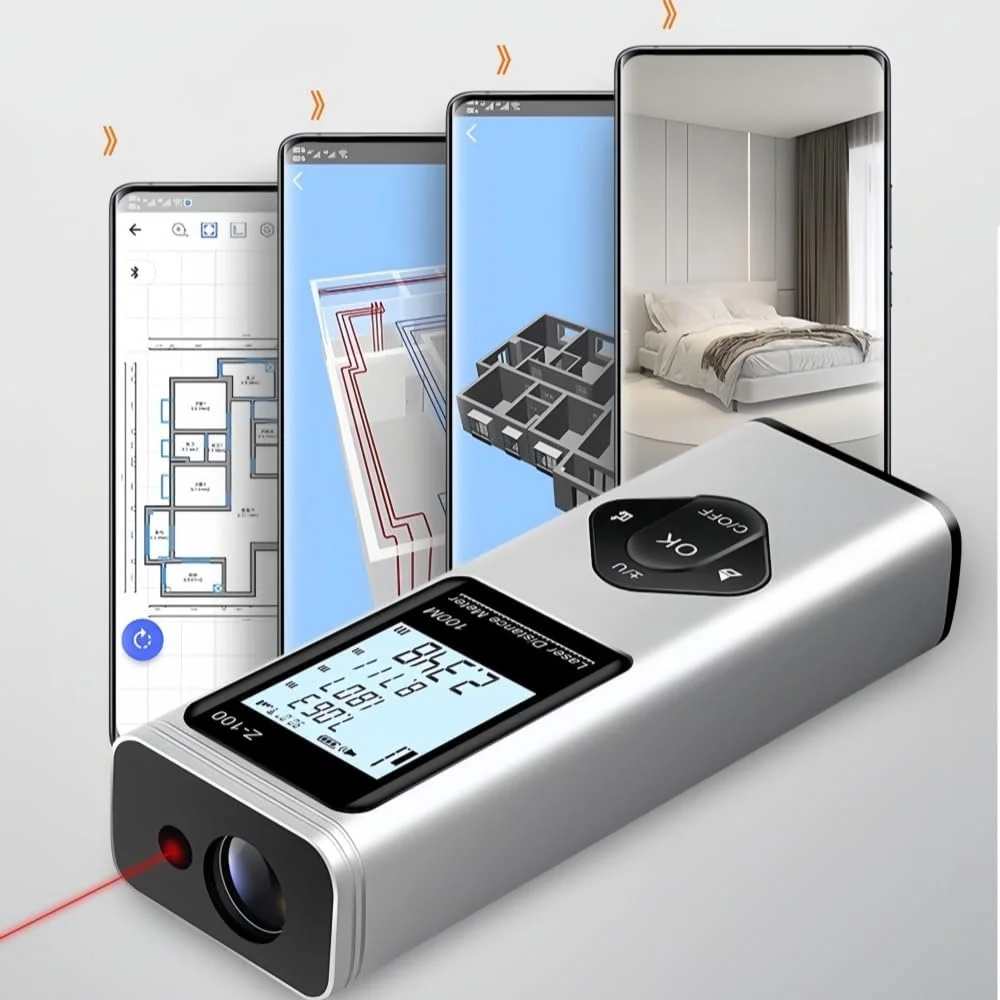 متر لیزری GOUSYUN، متر فاصله یاب لیزری دیجیتال 40 متری، ابزار اندازه گیری بلوتوث CAD، خط کش الکترونیکی هوشمند قابل حمل، فاصله یاب قابل شارژ برای اندازه گیری فاصله، مساحت و حجم