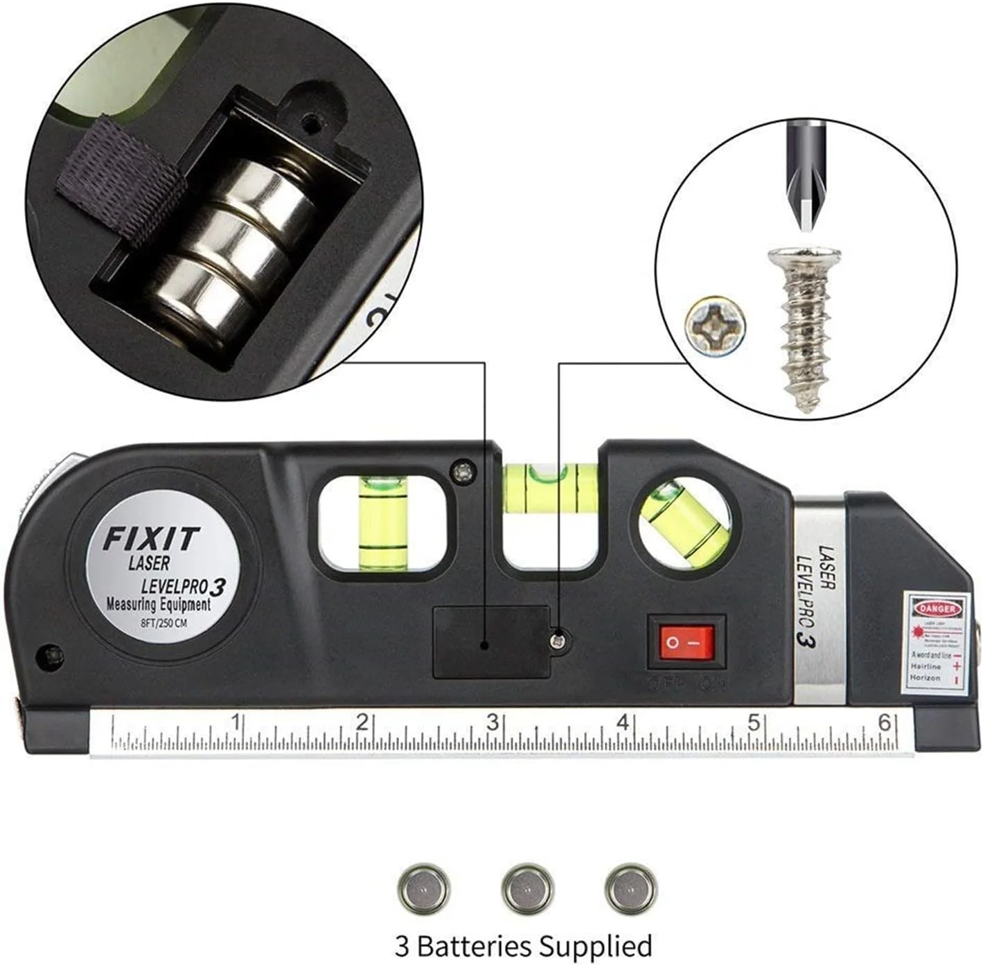 ابزار اندازه گیری لیزری 4 در 1 ای وینر، تراز چند منظوره، خط کش لیزری متریک استاندارد، متر نواری 2.5 متری