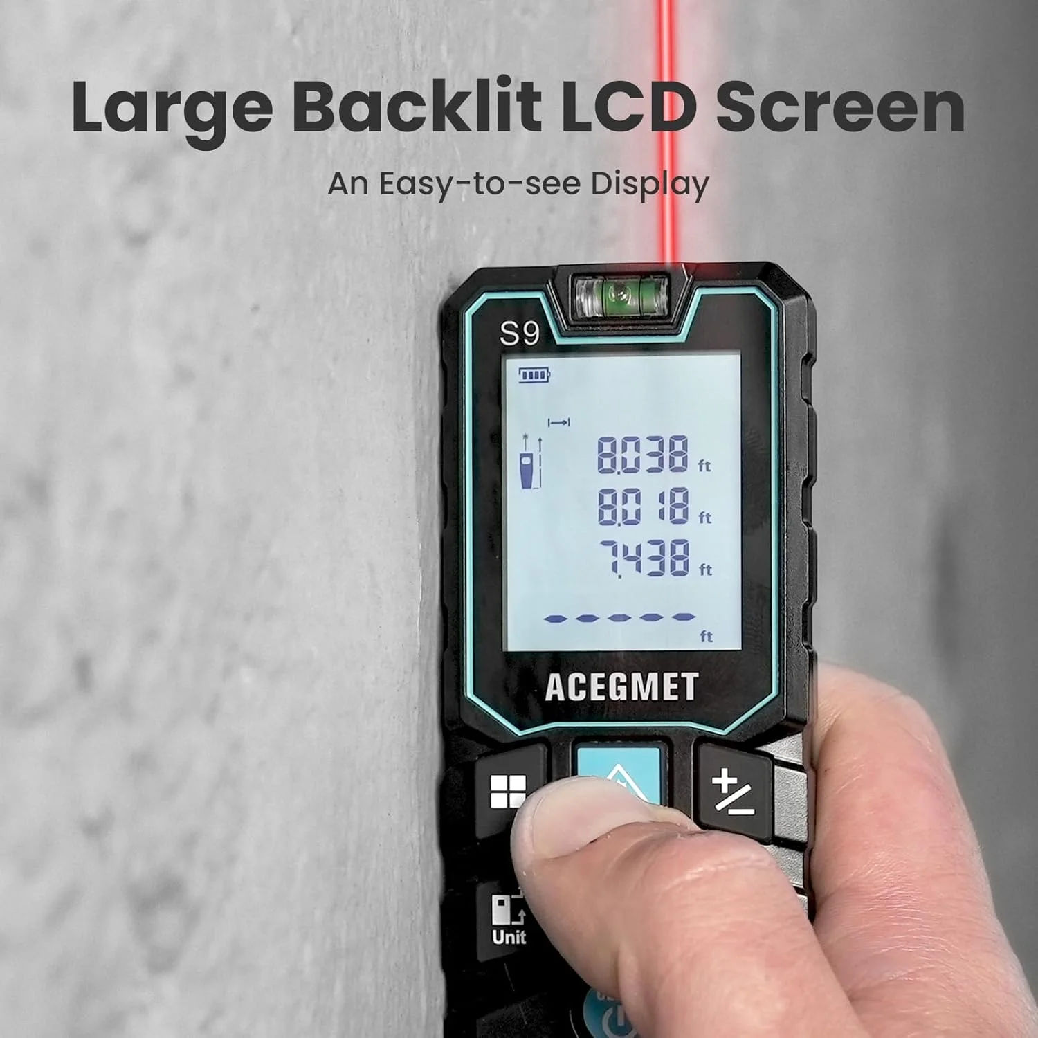 متر لیزری ACEGMET، ابزار اندازه گیری لیزری (70 متر) LCD با نور پس زمینه و عملکرد بی صدا، حالت فیثاغورس، اندازه گیری فاصله، مساحت و حجم، متر لیزری