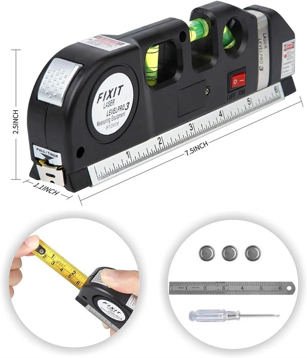 ابزار اندازه گیری لیزری 4 در 1 ای وینر، تراز چند منظوره، خط کش لیزری متریک استاندارد، متر نواری 2.5 متری