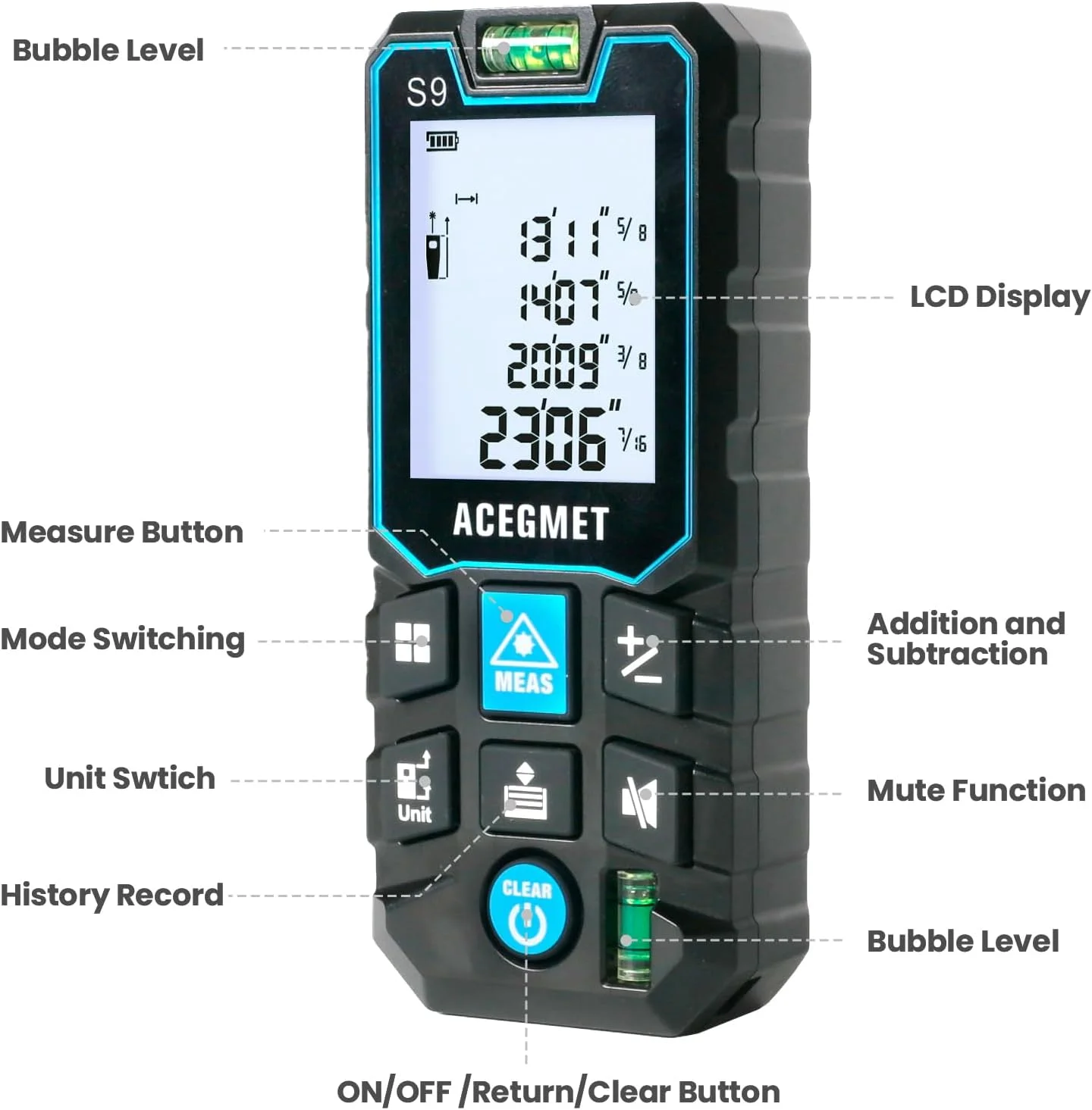 متر لیزری ACEGMET، ابزار اندازه گیری لیزری (70 متر) LCD با نور پس زمینه و عملکرد بی صدا، حالت فیثاغورس، اندازه گیری فاصله، مساحت و حجم، متر لیزری