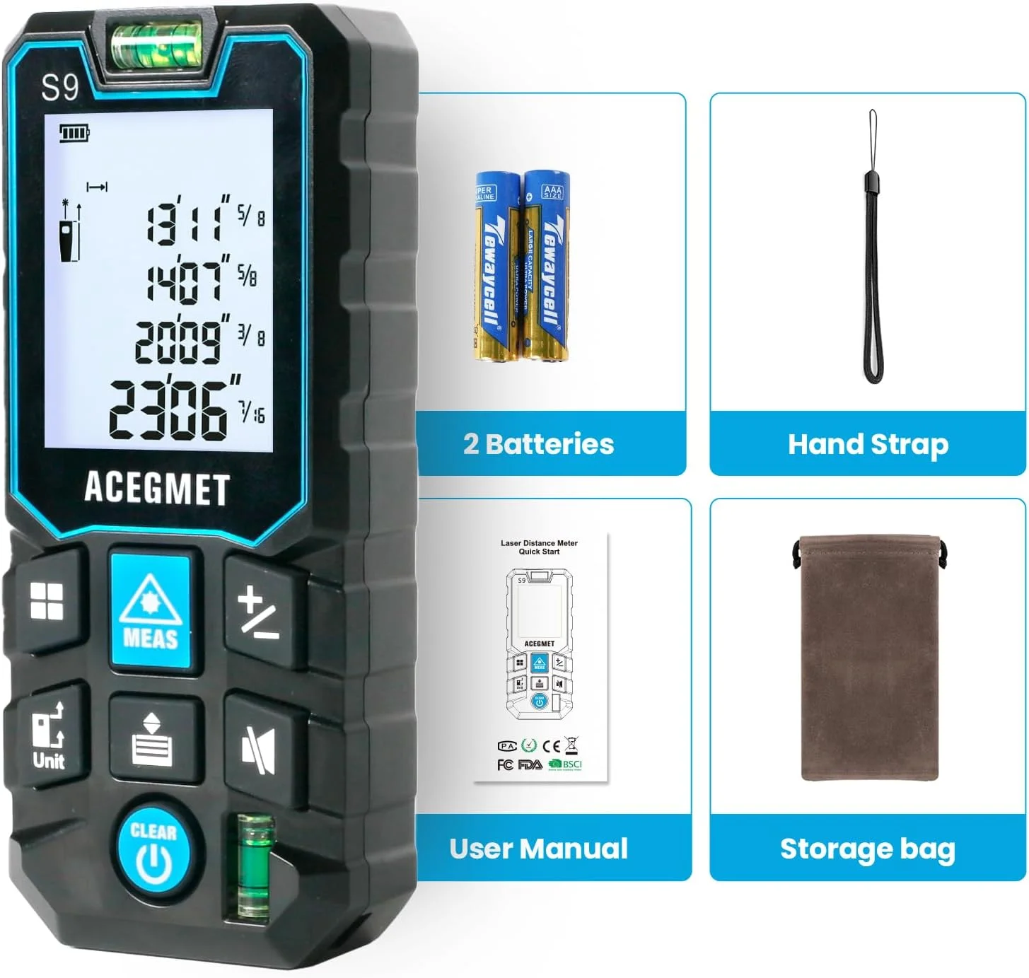 متر لیزری ACEGMET با اپلیکیشن موبایل، ابزار اندازه گیری لیزری 70 متری با 2 تراز حبابی، بلوتوث، صفحه نمایش LCD با نور پس زمینه، ضد آب IP54، حالت فیثاغورث برای فاصله، مساحت، حجم