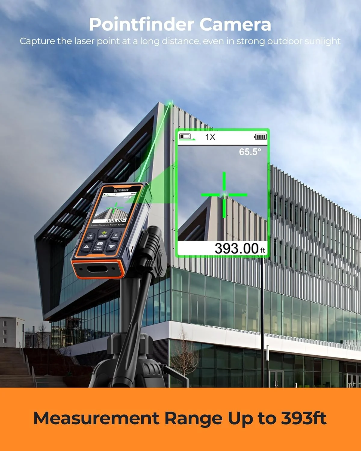 ابزار اندازه گیری لیزری، متر لیزری 120 متری با پرتو سبز CIGMAN، ابزار اندازه گیری لیزری فضای باز با دوربین 4X، فناوری P2P، IP68، متر فاصله لیزری قابل شارژ، طول، مساحت، حجم، سنسور زاویه