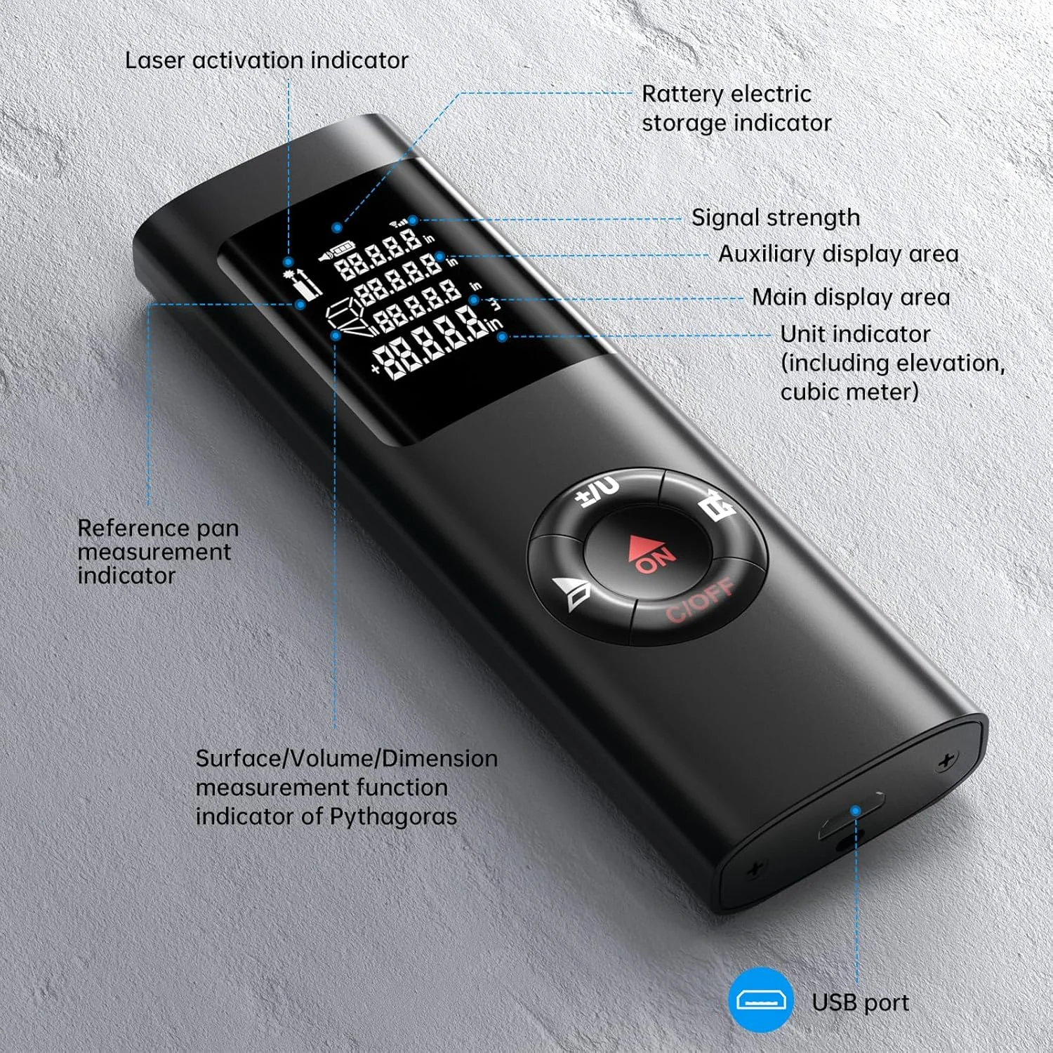 متر لیزری IPSXP، متر فاصله یاب لیزری 60 متری، متر دیجیتال قابل حمل با نور پس زمینه، متر لیزری قابل شارژ برای حجم/مساحت/فیثاغورس