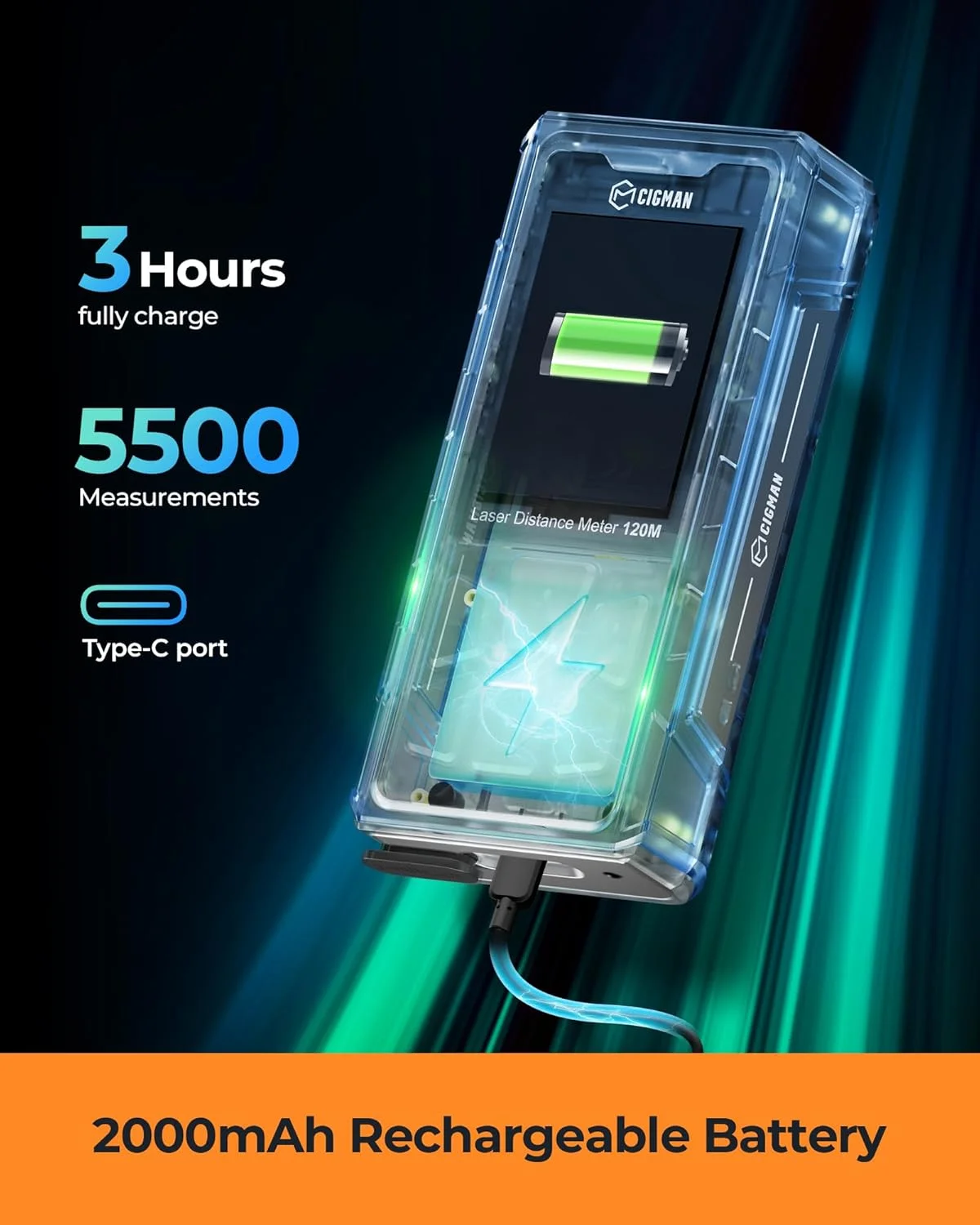 ابزار اندازه گیری لیزری، متر لیزری 120 متری با پرتو سبز CIGMAN، ابزار اندازه گیری لیزری فضای باز با دوربین 4X، فناوری P2P، IP68، متر فاصله لیزری قابل شارژ، طول، مساحت، حجم، سنسور زاویه