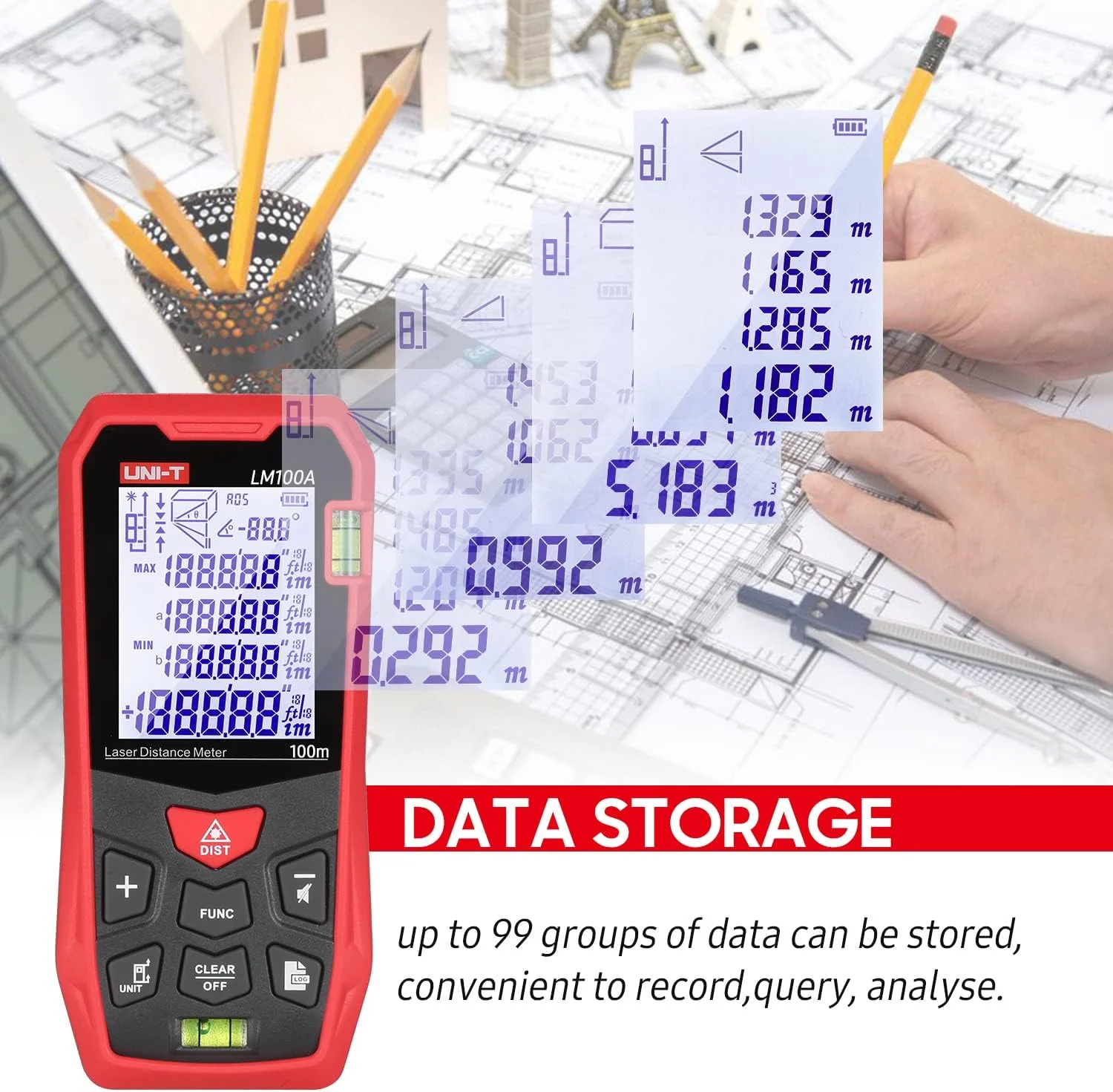 متر لیزری فاصله یاب Eacam با 2 تراز حبابی، صفحه نمایش LCD با نور پس زمینه، حالت فیثاغورس، اندازه گیری فاصله، مساحت، حجم، عملکرد بی صدا، 99 گروه ذخیره داده به همراه کیف حمل