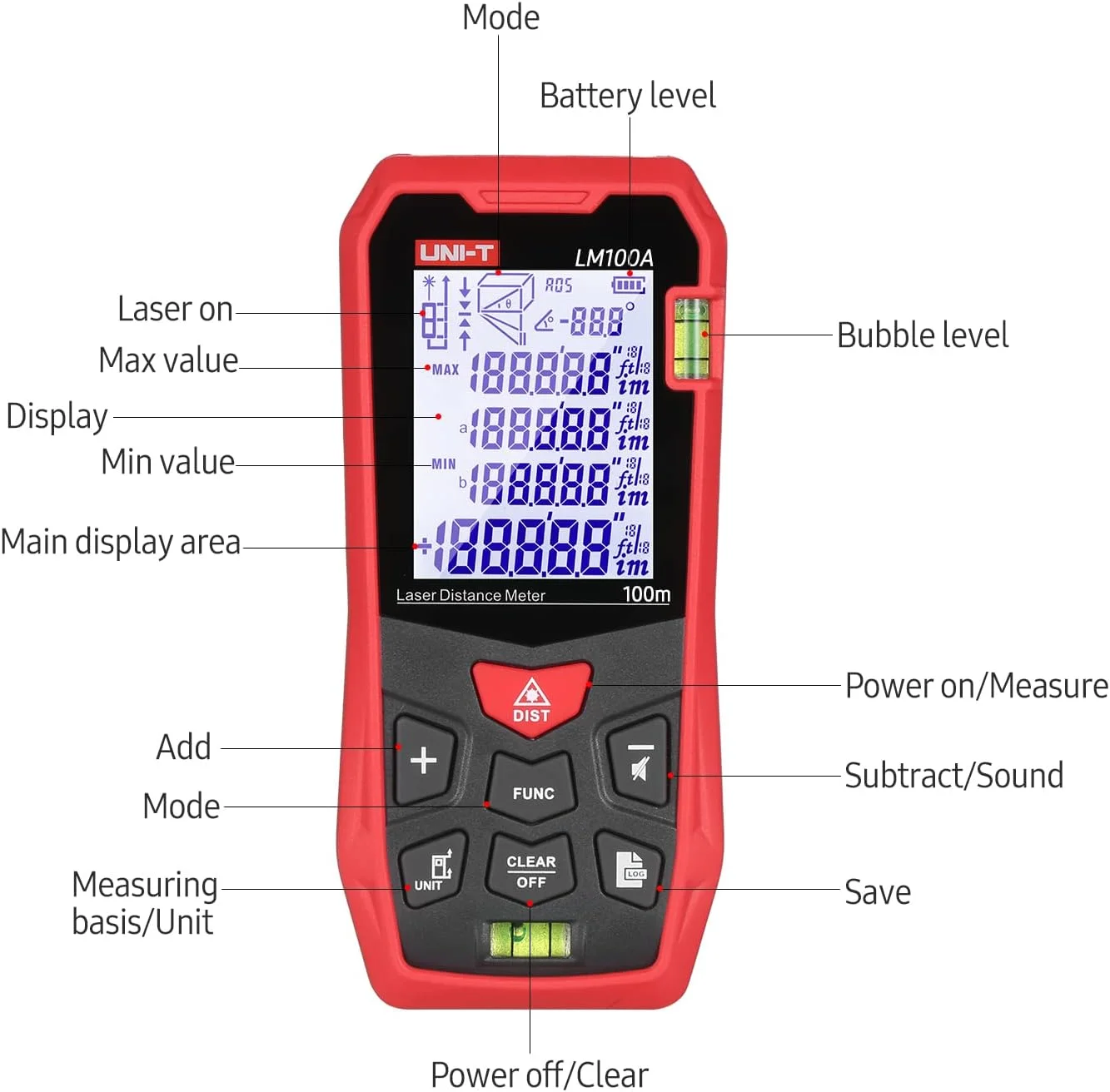متر لیزری فاصله یاب Eacam با 2 تراز حبابی، صفحه نمایش LCD با نور پس زمینه، حالت فیثاغورس، اندازه گیری فاصله، مساحت، حجم، عملکرد بی صدا، 99 گروه ذخیره داده به همراه کیف حمل