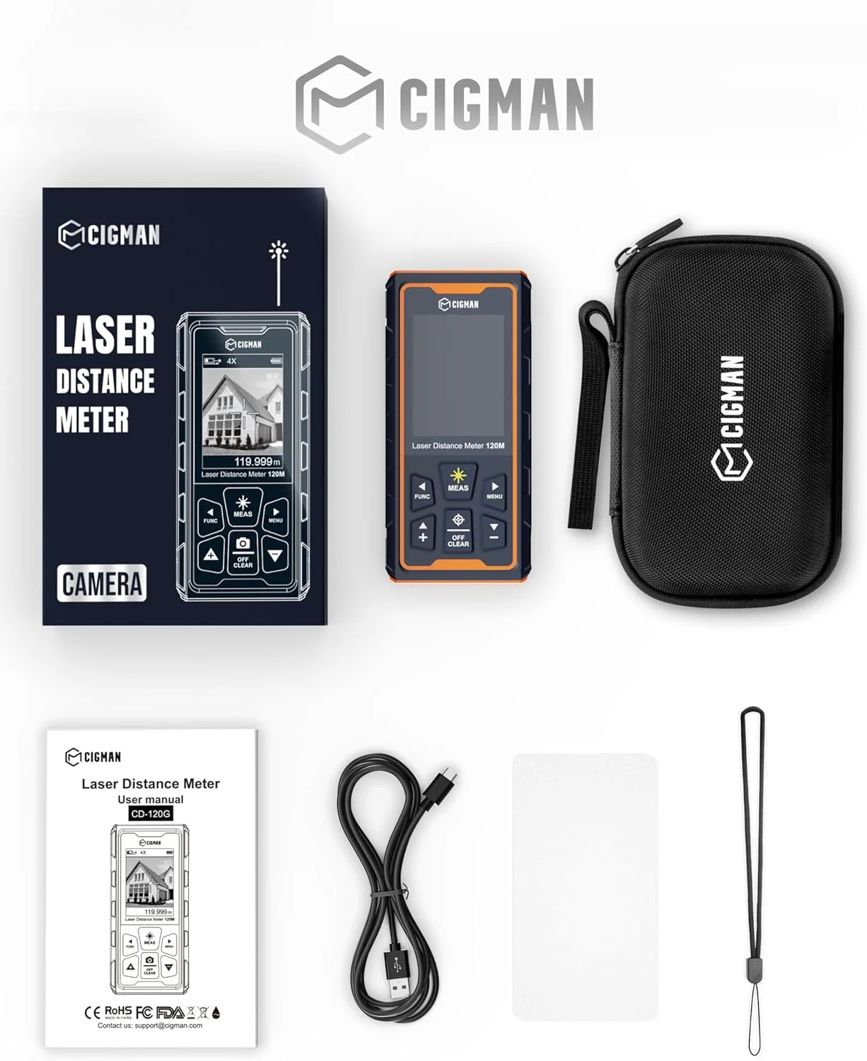 ابزار اندازه گیری لیزری، متر لیزری 120 متری با پرتو سبز CIGMAN، ابزار اندازه گیری لیزری فضای باز با دوربین 4X، فناوری P2P، IP68، متر فاصله لیزری قابل شارژ، طول، مساحت، حجم، سنسور زاویه
