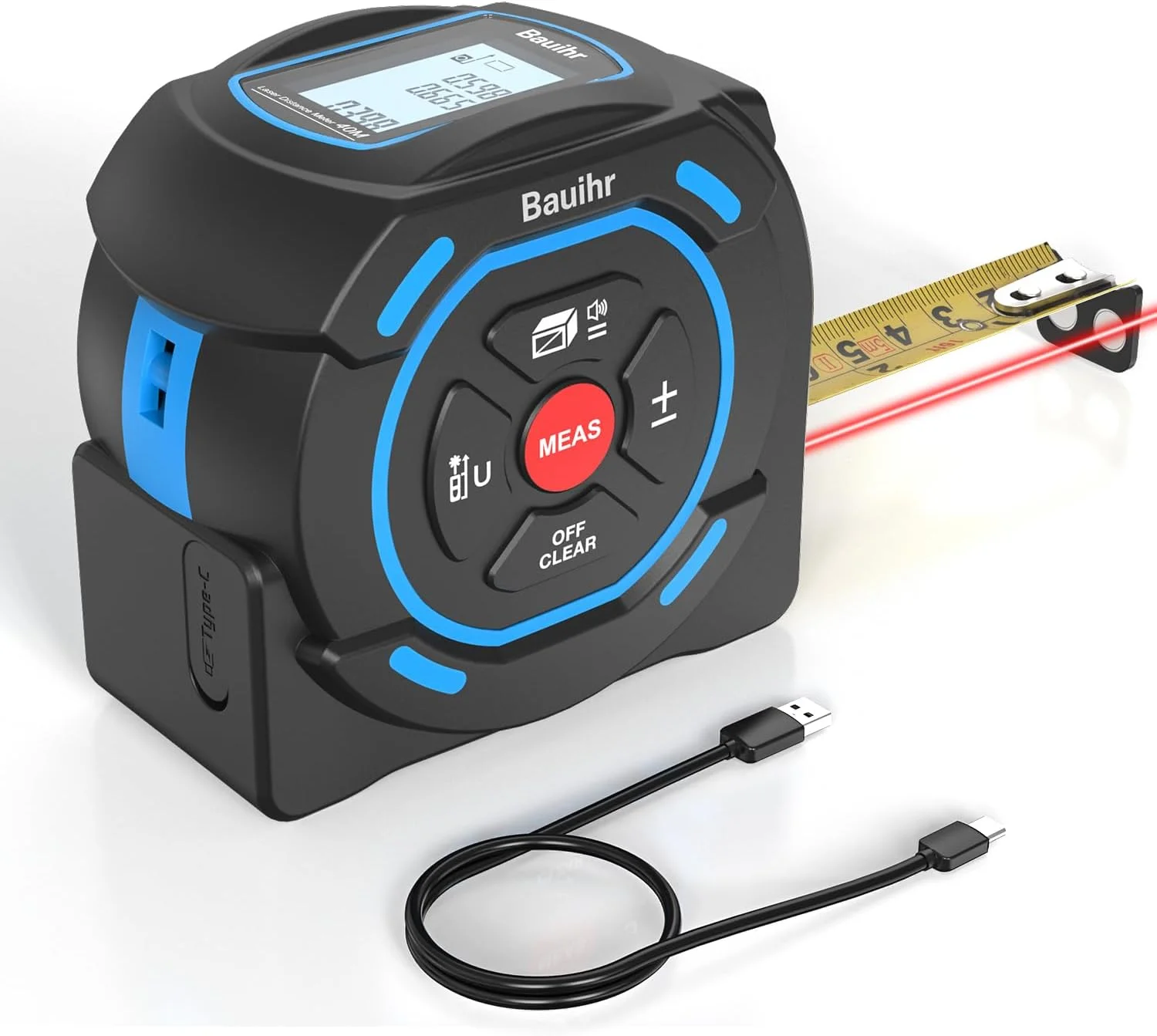 متر لیزری 2 در 1 Bauihr، ابزار اندازه گیری لیزری شارژی با برد لیزر 40 متری و متر نواری 5 متری، صفحه نمایش LCD، تبدیل واحد M/In/Ft/Ft+In، اندازه گیری فاصله، مساحت، حجم، فیثاغورث