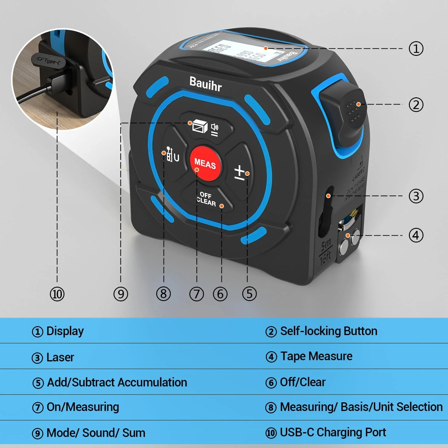 متر لیزری 2 در 1 Bauihr، ابزار اندازه گیری لیزری شارژی با برد لیزر 40 متری و متر نواری 5 متری، صفحه نمایش LCD، تبدیل واحد M/In/Ft/Ft+In، اندازه گیری فاصله، مساحت، حجم، فیثاغورث