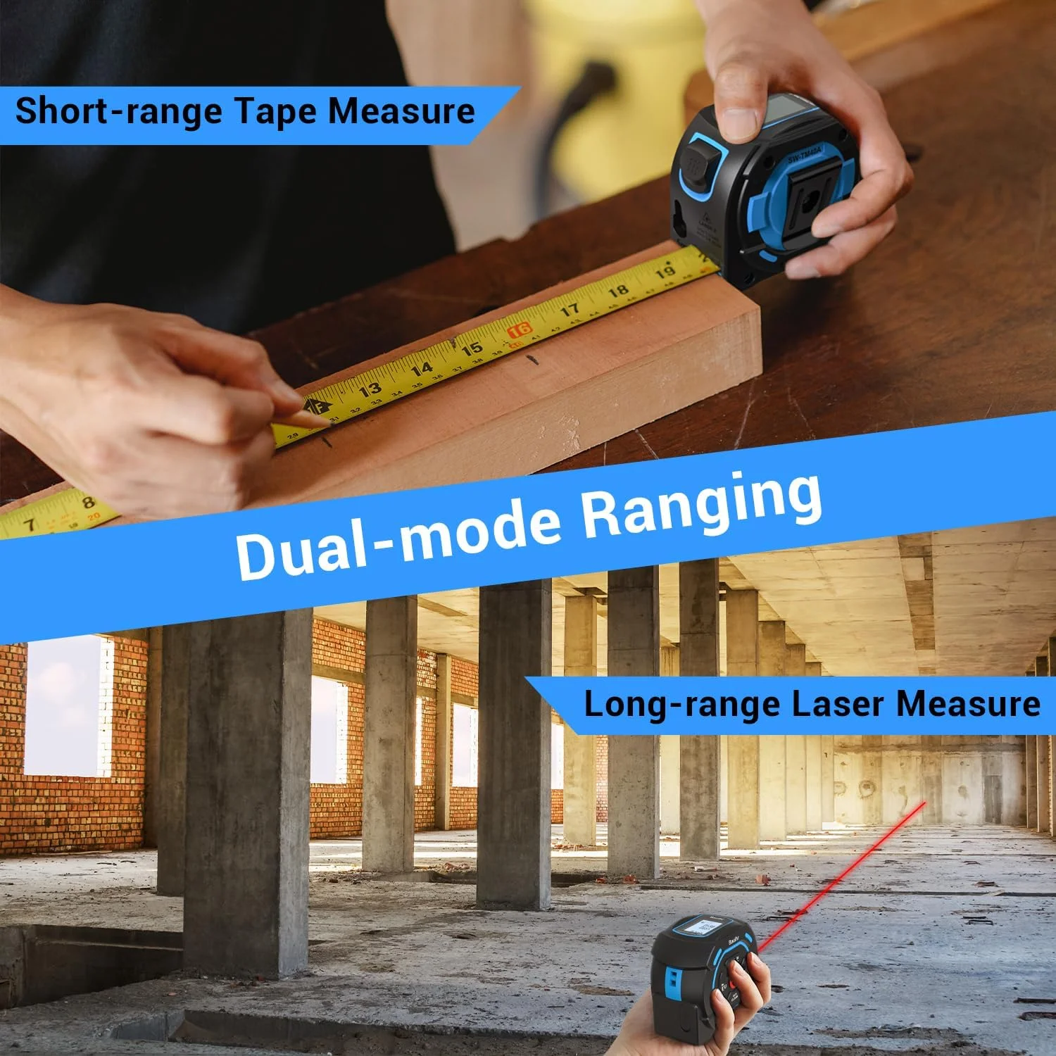 متر لیزری 2 در 1 Bauihr، ابزار اندازه گیری لیزری شارژی با برد لیزر 40 متری و متر نواری 5 متری، صفحه نمایش LCD، تبدیل واحد M/In/Ft/Ft+In، اندازه گیری فاصله، مساحت، حجم، فیثاغورث