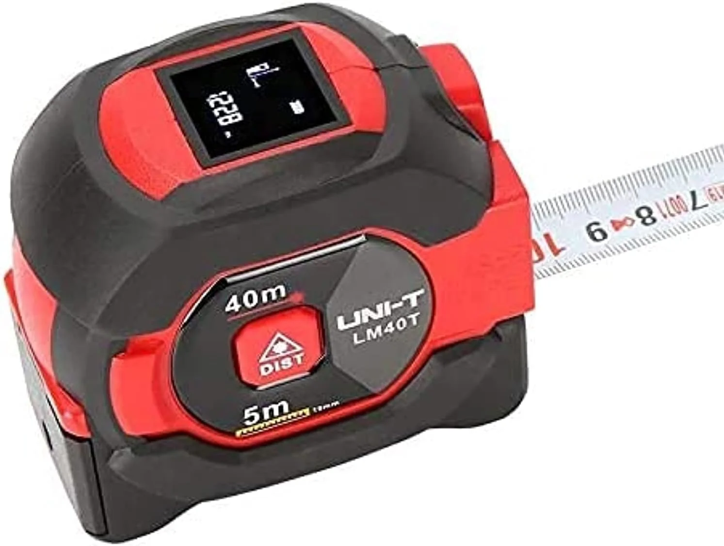 متر لیزری یونیتی مدل LM40T با قابلیت اندازه گیری تا 40 متر، متر دیجیتال و فاصله یاب به همراه متر نواری 5 متری جمع شونده و صفحه نمایش LCD قابل حمل