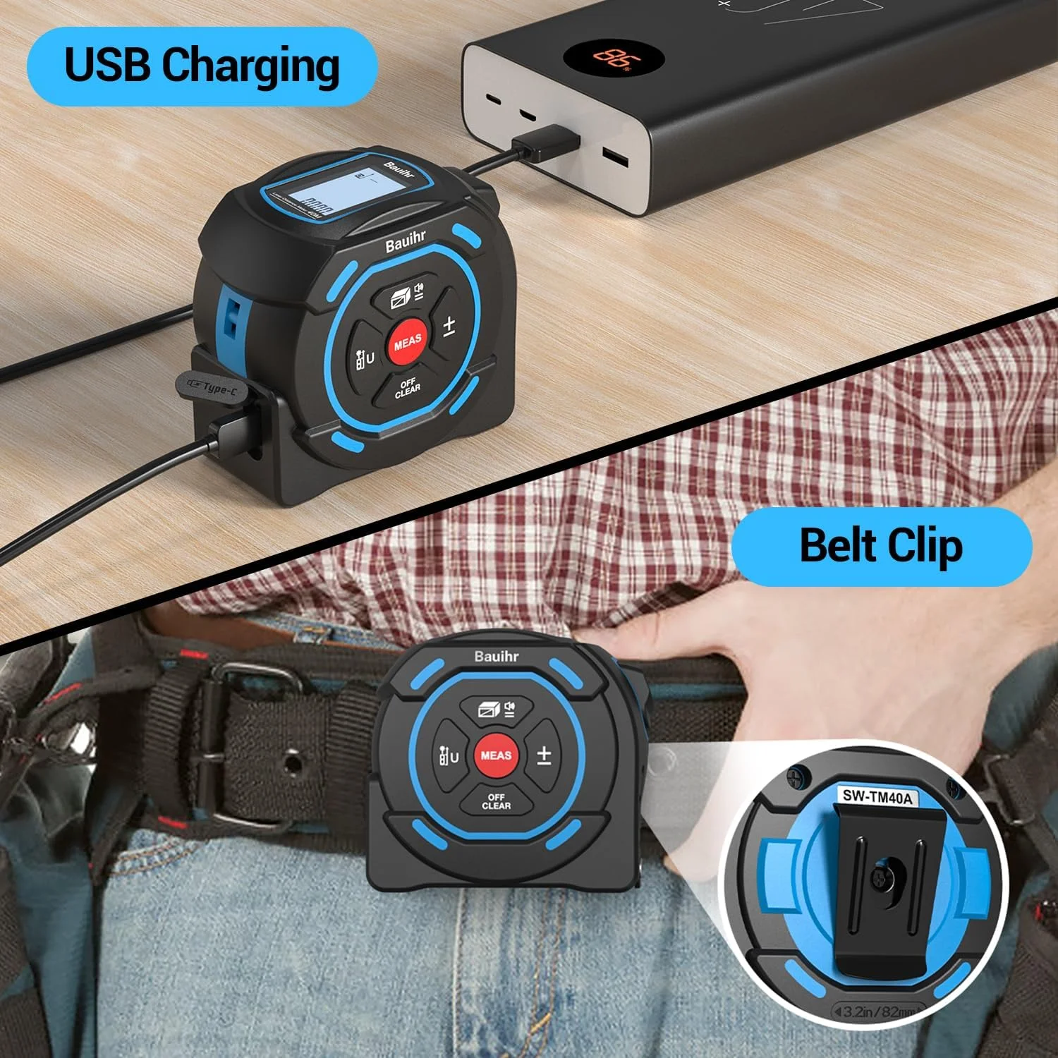متر لیزری 2 در 1 Bauihr، ابزار اندازه گیری لیزری شارژی با برد لیزر 40 متری و متر نواری 5 متری، صفحه نمایش LCD، تبدیل واحد M/In/Ft/Ft+In، اندازه گیری فاصله، مساحت، حجم، فیثاغورث