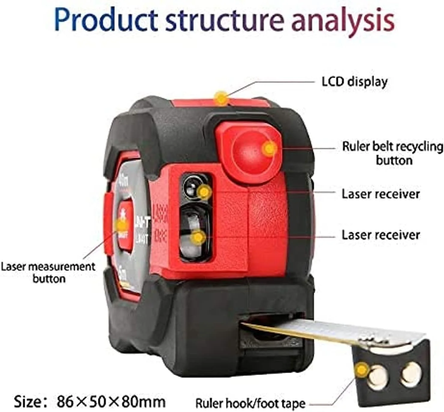متر لیزری یونیتی مدل LM40T با قابلیت اندازه گیری تا 40 متر، متر دیجیتال و فاصله یاب به همراه متر نواری 5 متری جمع شونده و صفحه نمایش LCD قابل حمل