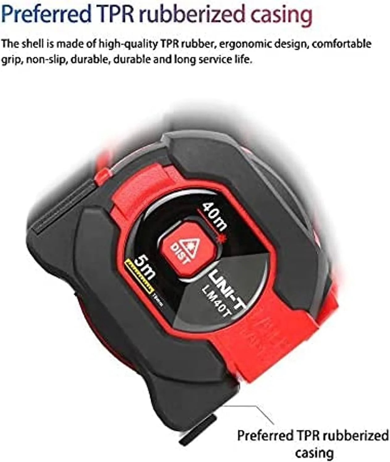 متر لیزری یونیتی مدل LM40T با قابلیت اندازه گیری تا 40 متر، متر دیجیتال و فاصله یاب به همراه متر نواری 5 متری جمع شونده و صفحه نمایش LCD قابل حمل