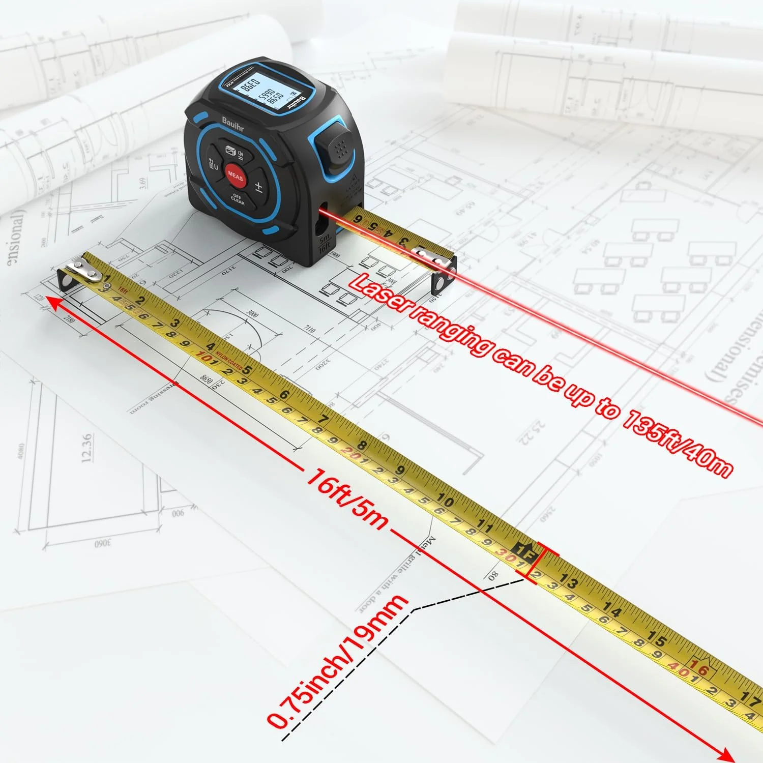 متر لیزری 2 در 1 Bauihr، ابزار اندازه گیری لیزری شارژی با برد لیزر 40 متری و متر نواری 5 متری، صفحه نمایش LCD، تبدیل واحد M/In/Ft/Ft+In، اندازه گیری فاصله، مساحت، حجم، فیثاغورث
