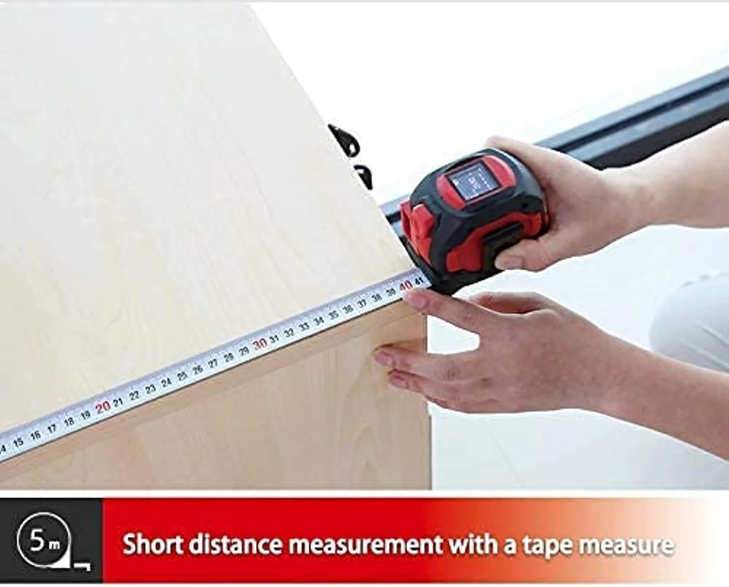 متر لیزری یونیتی مدل LM40T با قابلیت اندازه گیری تا 40 متر، متر دیجیتال و فاصله یاب به همراه متر نواری 5 متری جمع شونده و صفحه نمایش LCD قابل حمل