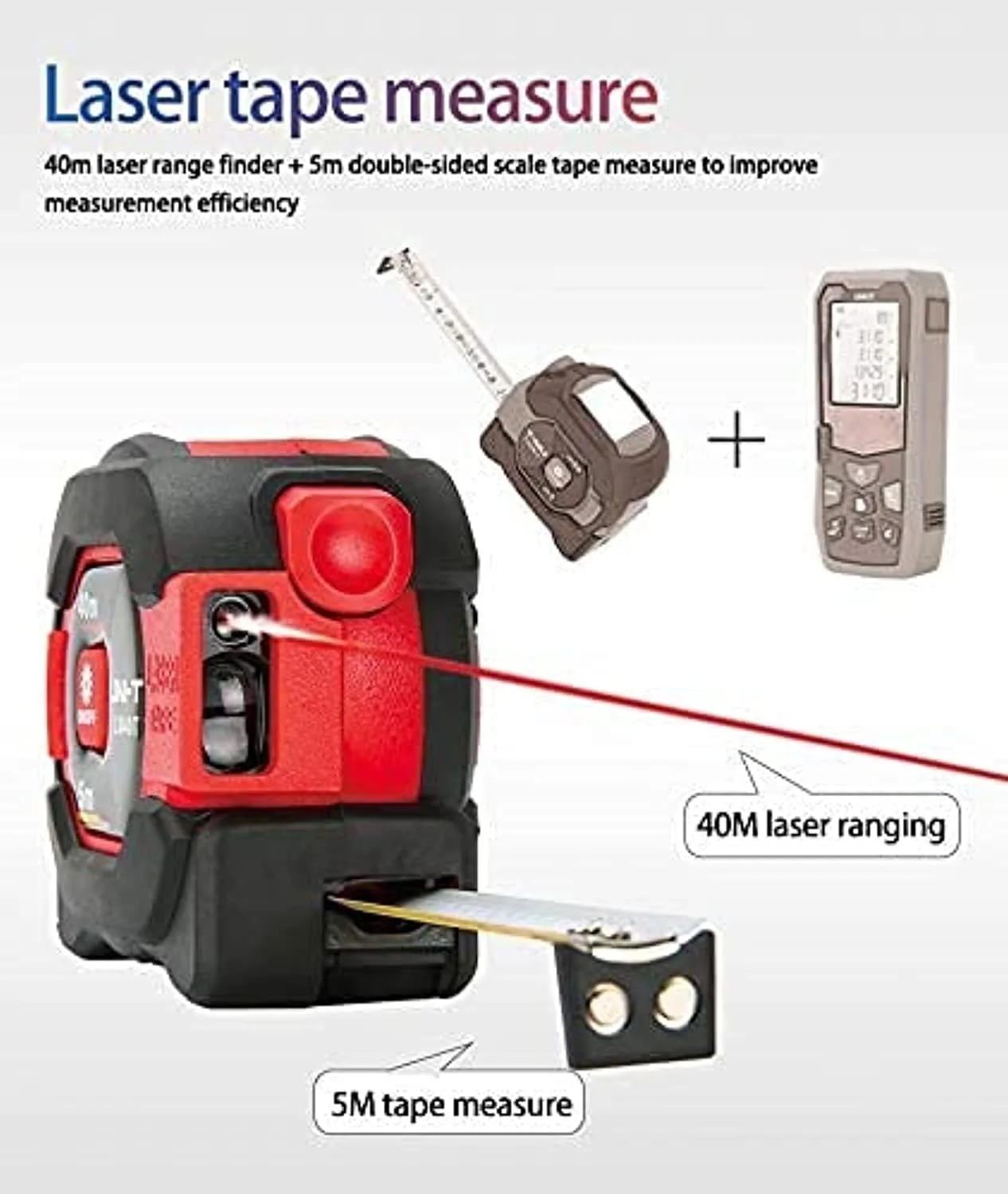 متر لیزری یونیتی مدل LM40T با قابلیت اندازه گیری تا 40 متر، متر دیجیتال و فاصله یاب به همراه متر نواری 5 متری جمع شونده و صفحه نمایش LCD قابل حمل