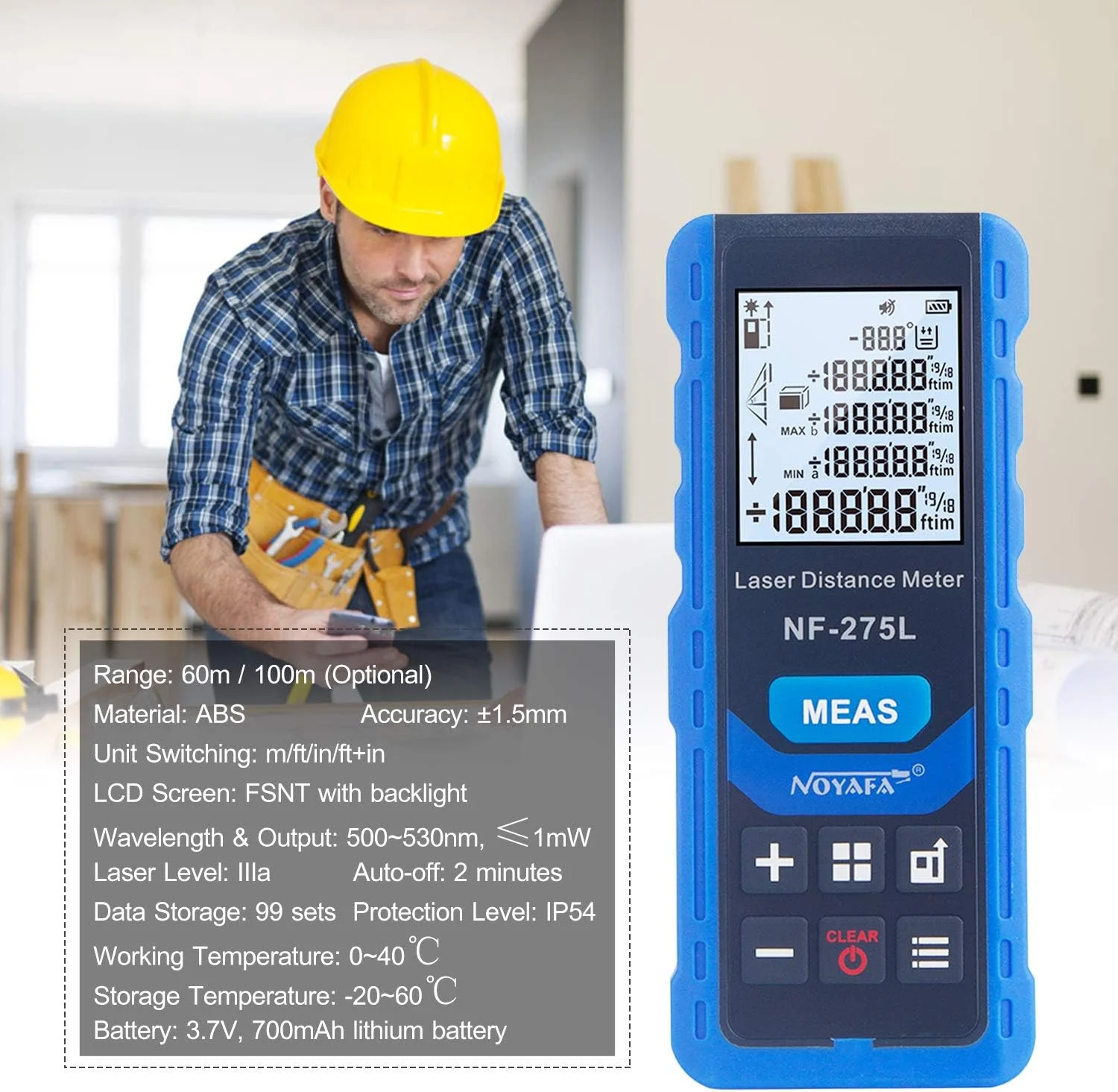 متر لیزری سبز Morelian NF-275L، مناسب فضای داخلی و خارجی، قابل شارژ، دستی، ابزار اندازه گیری فاصله الکتریکی، طول/مساحت/حجم/تراز/عمودی/فیثاغورث