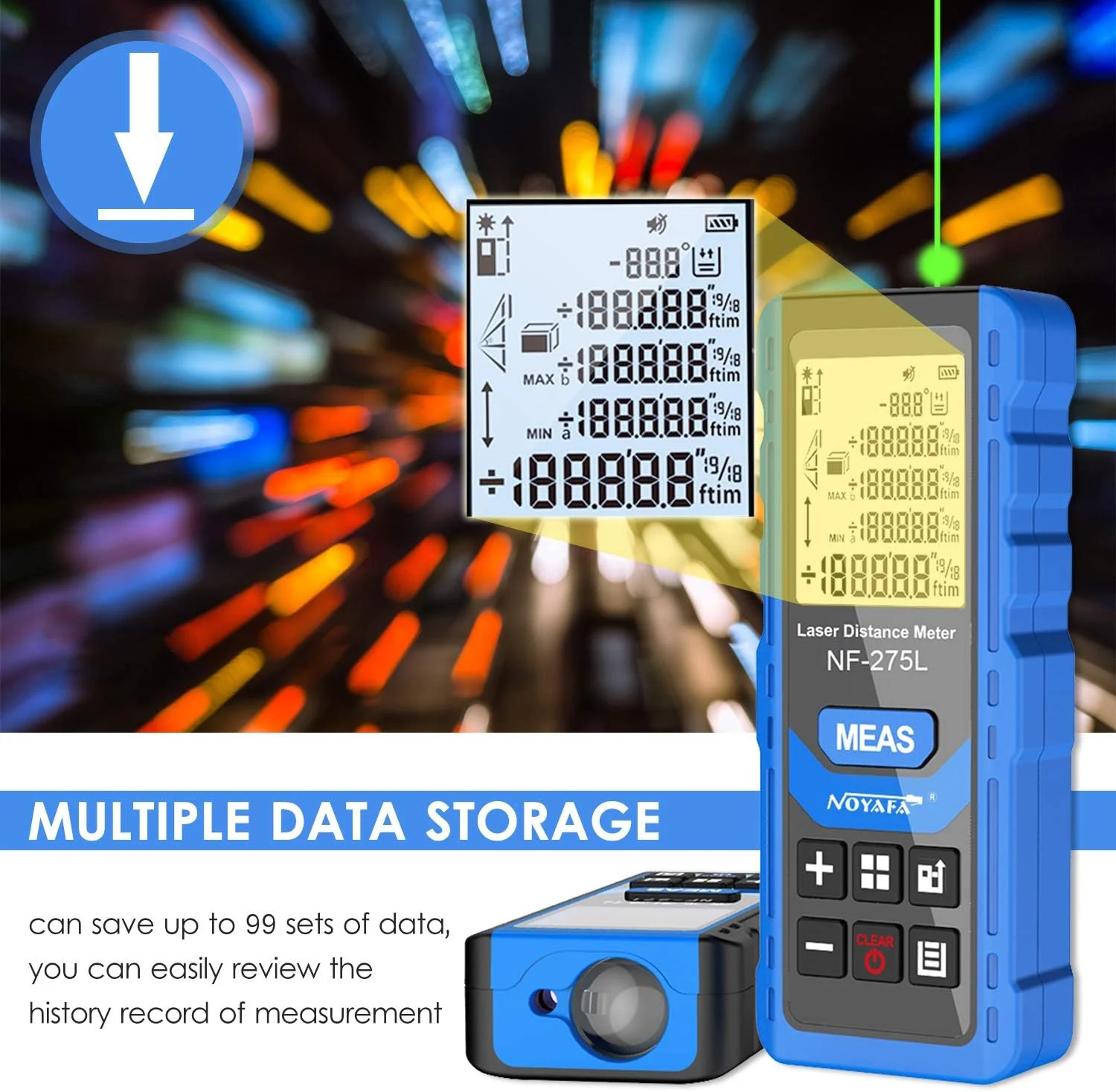 متر لیزری سبز Morelian NF-275L، مناسب فضای داخلی و خارجی، قابل شارژ، دستی، ابزار اندازه گیری فاصله الکتریکی، طول/مساحت/حجم/تراز/عمودی/فیثاغورث