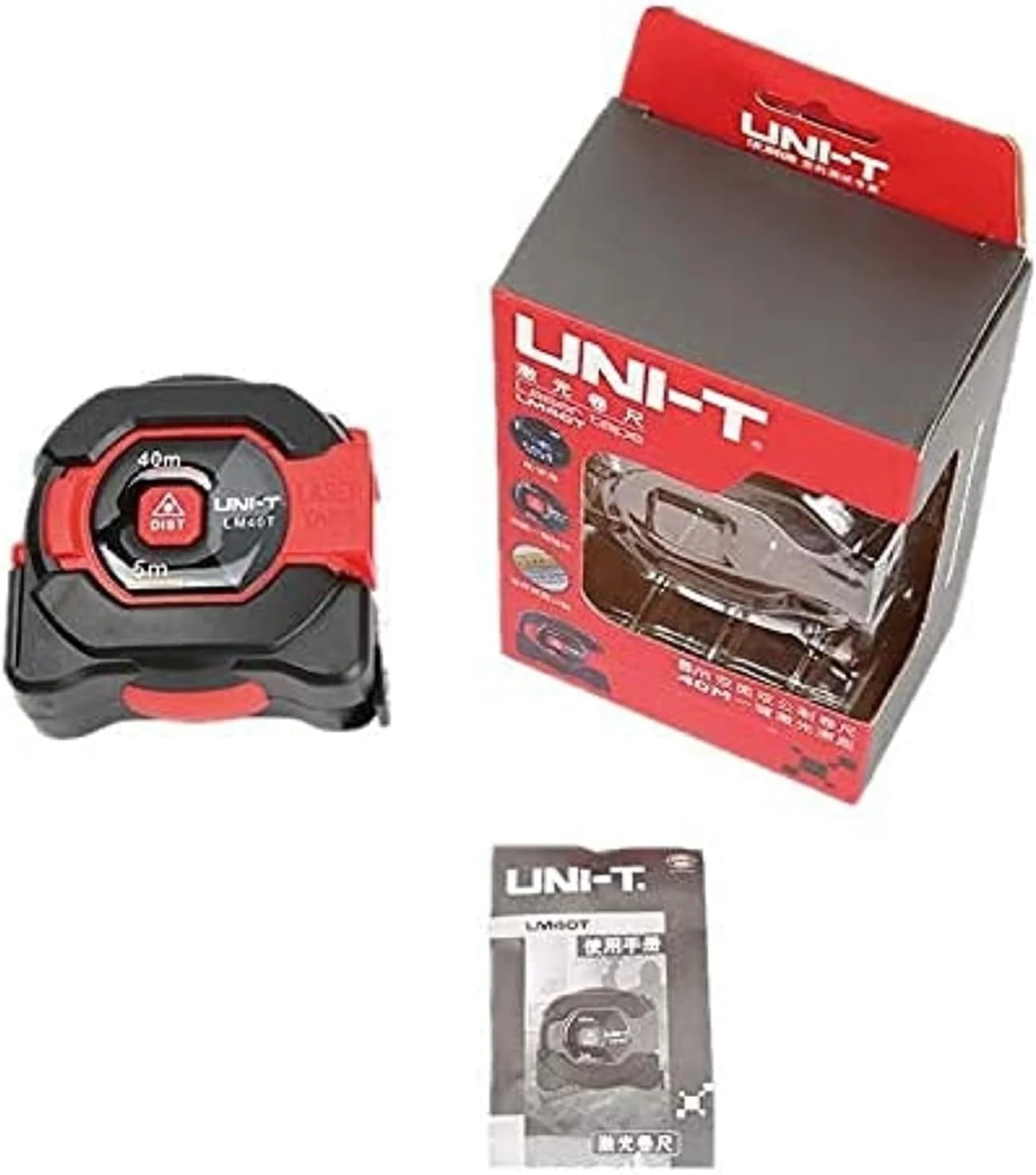 متر لیزری یونیتی مدل LM40T با قابلیت اندازه گیری تا 40 متر، متر دیجیتال و فاصله یاب به همراه متر نواری 5 متری جمع شونده و صفحه نمایش LCD قابل حمل