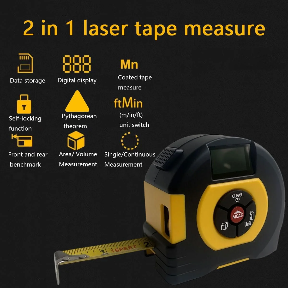 متر لیزری دیجیتال Miangerrn، برد 60 متر به همراه متر نواری 5 متری، مشکی و زرد