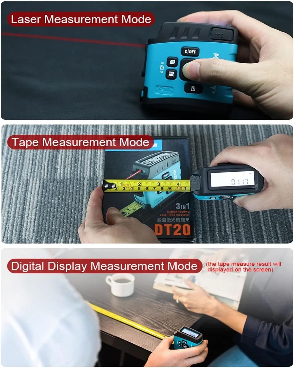 دستگاه فاصله یاب لیزری GXYGLSGSGJS مدل DT20، 3 در 1، متر لیزری، متر نواری هوشمند، نوار اندازه گیری با صفحه نمایش دیجیتال، دقت بالا